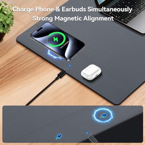Wireless Charging Mouse Pad, 15W Fast Charge Magnetic Charger Desk Pad, Large Office Desk Mat (31"x11.7") with Ultra-Smooth Surface, Gray Computer Mousepad for MacBook, PC, Laptop - Image 3