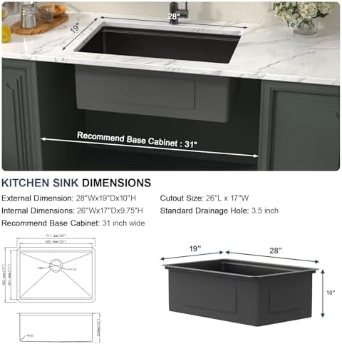 Lordear 28x19 Black Kitchen Sink - T304 16 Gauge Undermount Kitchen Sink Workstation Gunmetal Black Stainless Steel Single Bowl Handmade Round Corner 28x19x10 Inch - Image 7