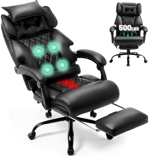 Office Chair with Foot Rest,3D Kneading Massage & Heat Executive Office Chairs for Heavy People,500LBS Big and Tall Office Chair,Ergonomic Reclining Desk Chair,Dual-Use Pillow,Home Office,Black by Unknown