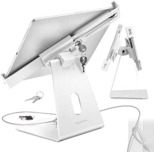 Volcora Anti-Theft Tablet Stand iPad Kiosk Stand with Lock, White 10-13'' iPad Stand for Desk, Swivel, Adjustable iPad Holder for Desk, iPad Mount for Desk for POS Register, Retail Business, Cashier by Volcora