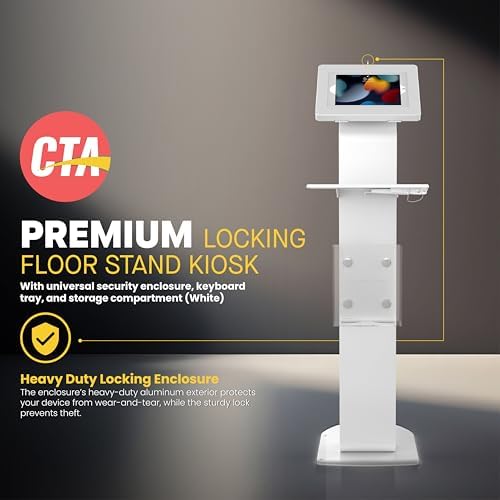 CTA Digital Anti-Theft Mobile Workstation Locking Floor Stand Kiosk w/ Secure Enclosure, Keyboard Tray & Storage for iPad A16 - iPad Pro 11" M4 - Air 11"M3 & M2 Galaxy Tab A & More White (PAD-PARAFWK) - Image 2