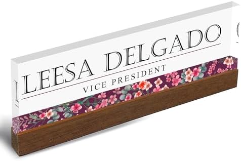 Artblox Personalized Office Desk Name Plate and Business Card Holder | Clear Acrylic Glass with Teak Wood Stand | Wild Flowers Design Customized with Your Name and Credentials Office Desk Décor - Image 6