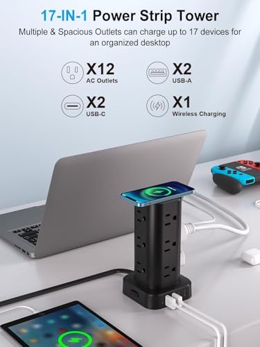 Power Strip Tower with Wireless Charger,Surge Protector with 12 Outlets - Image 2