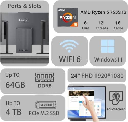 Lenovo 24" Touchscreen IdeaCentre All-in-One Desktop Computer • 6-core AMD Ryzen 5 Processor • 16GB DDR5 • 512GB SSD • Wireless KB&Mouse • Wireless Charging Base • Windows 11 - Image 2