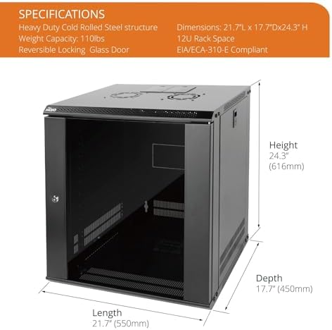 Tecmojo 12U Wall Mount Server Cabinet IT Network Rack Enclosure Lockable Door and Side Panels Black,Cooling Fan,Glass Door,17.7inch Depth,for 19” IT Equipment,A/V Devices - Image 2