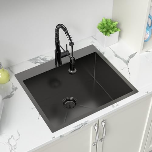 Sarlai Laundry Sink with Faucet Drop In 25"x22"x12" Deep Black Laundry Utility Kitchen Sink Drop-in Topmount Single Bowl Sink 16 Gauge Stainless Steel Gunmetal Black Kitchen Laundry Room Sinks - Image 4