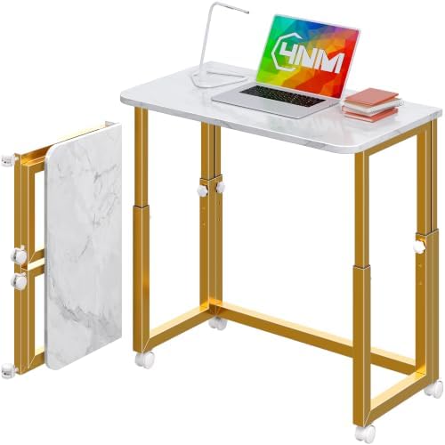 4NM No Tool Assembly 27.5" Small Desk, Folding Portable Desk with Wheels, Foldable Computer Home Office Desks, Collapsible Study Writing Table for Space Saving Bedroom - White Gold by 4NM