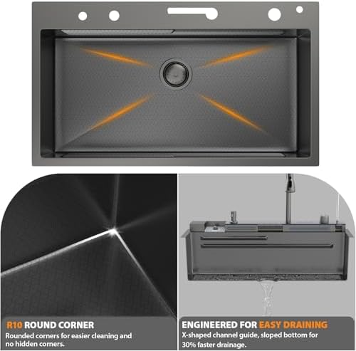 Mocoloo 33 Inch Black Honeycomb Waterfall Kitchen Sink Drop in, 33x19 Inch Stainless Steel Workstation Sink 16 Gauge Topmount Single Bowl Sink with Complete Kit - Image 6