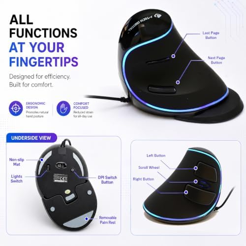J-Tech Digital Wired Ergonomic Vertical USB Mouse with Adjustable Sensitivity (600/1000/1600 DPI), Scroll Endurance, Removable Palm Rest & Thumb Buttons [V628] - Image 2