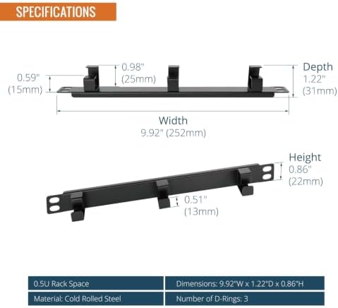 Tecmojo 2 Pack 0.5U Horizontal Cable Manager with 3 D-Rings, Metal Rackmount Cable Organizer for 10" Server Rack & Network Cabinet, Black - Image 3