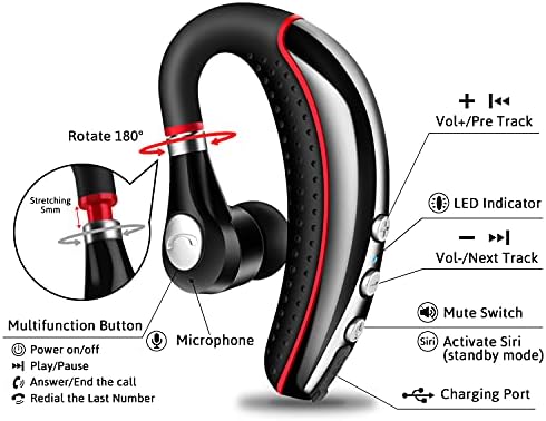 Bluetooth Headset V5.0,Wireless Bluetooth Earpiece with Noise Canceling Mic for Cell Phone,Business Earphone for Driving/Trucker/Office,Sweatproof Headset for Android/iPhone-RED - Image 2
