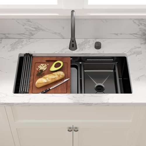 Sarlai 33 Inch Waterfall Kitchen Sink Black Undermount Workstation Sink - Image 2