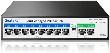 Goalake PoE Switch, 10 Ports Managed PoE Ethernet Switch (8*100M PoE Ports +2*1000M Uplinks), 120W Built in Power, 250m Extend Function, VLAN, QoS, Fanless Metal, Desktop/Wall Mount, Plug and Play by Goalake