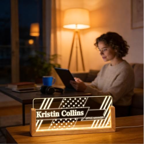 Personalized Light Up Acrylic Desk Name Plate - Custom Name Plate for Desk with Walnut Wood Base - Appreciation Office Gifts for Employees, Teacher, Social Worker (Banner) - Image 4