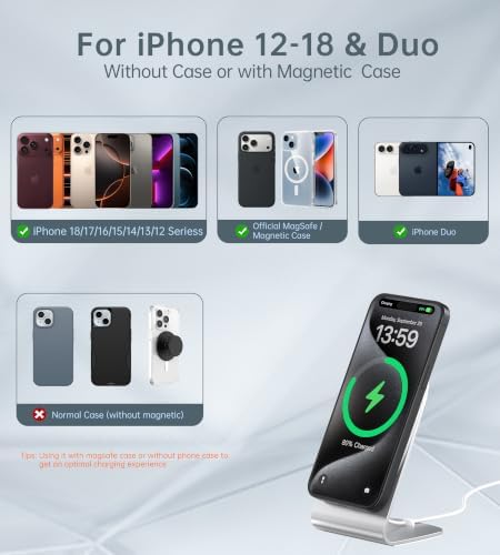 Magnetic Wireless Charger for iPhone Duo/18/17/16/15/14/13/12 - Mag Charger+20W USB C Adapter, Aluminum Fast Wireless Charging Stand/Pad with 5ft USB-C Cable for iPhone 18/17/16/15/14/13/12, Airpod - Image 4