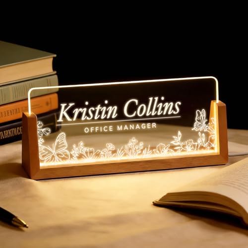 Personalized Light Up Acrylic Desk Name Plate - Custom Name Plate for Desk with Walnut Wood Base - Appreciation Office Gifts for Employees, Teacher, Social Worker (Butterfly) by Unknown