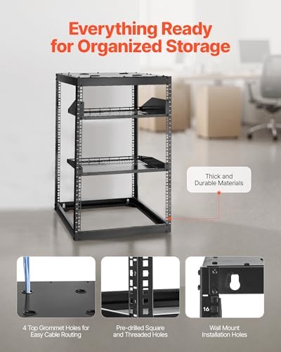 VEVOR 16U Open Frame Network Rack, 23 in Depth, Wall Mounted or Floor Standing Server Rack, Heavy Duty 4 Post, with Vented Shelves & Mounting Hardware, Holds All Your Networking IT Equipment AV Gear - Image 5