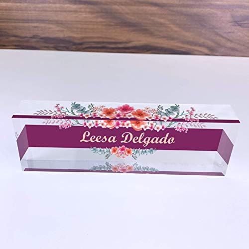 Artblox Office Desk Name Plate Personalized | Custom Name Plates for Desks | Wild Flowers Design On Clear Acrylic Glass | Office Desk Decor - (8" x 2.5") - Image 4