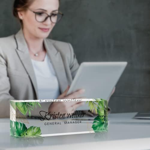 Desk Name Plate Personalized, Premium Clear Acrylic Desk Name Plate, Personalized Name Plate for Desk, Office Decor for Women or Men Coworkers, Boss, Employee, Teacher, Social Worker(Green Monstera) - Image 2