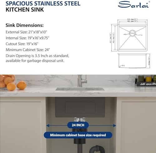 Sarlai 21 Undermount Kitchen Sink - 21"x18" Undermount Bar Sink with Faucet Ledge Workstation Under Mount Outdoor Single Bowl 16 Gauge Stainless Steel RV Bar Prep Sinks Small Kitchen Basin - Image 6