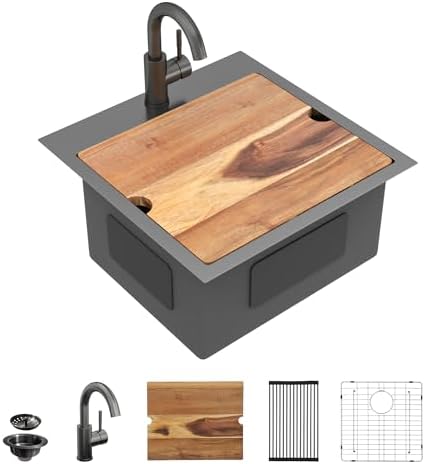 18"x18" Black Bar Prep Sink Drop In Workstation with Faucet Combo by FULORNI
