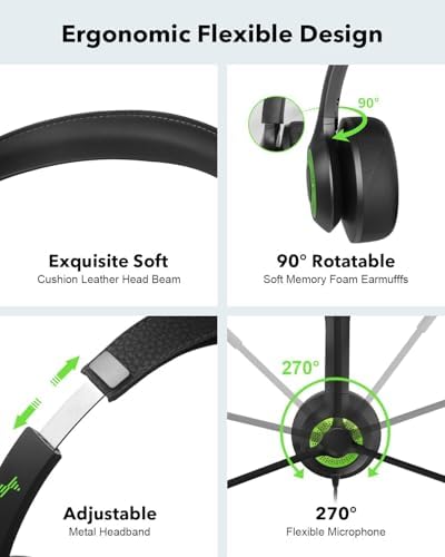 JIAMQISHI USB Headset with Mic for PC, On-Ear Computer Laptop Headphones with Noise Cancelling Microphone in-line Control for Home Office Online Class (USB+3.5mm, Green) - Image 4