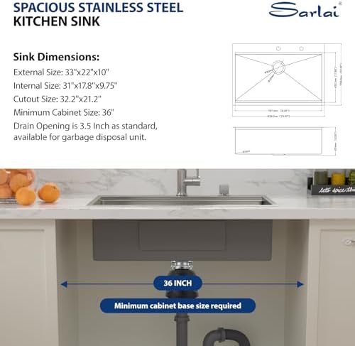 Sarlai Drop In Kitchen Sink - 33x22 Drop In Kitchen Sink Ledge Workstation 16 Gauge Stainless Steel Topmount Deep Single Bowl Over Counter Sinks Basin Round Corners - Image 4