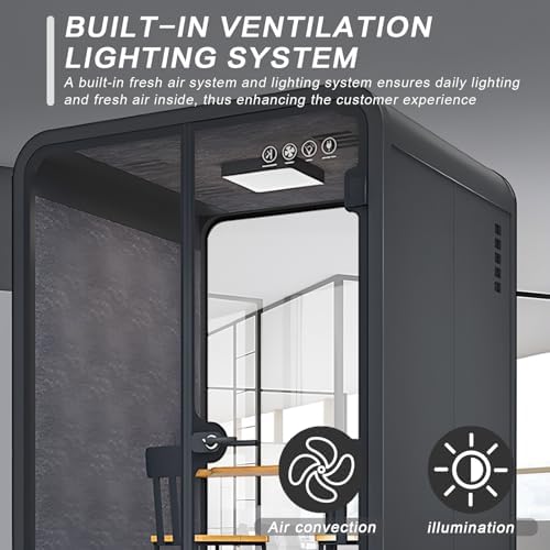 Office Sound Booth with Audio Privacy - Black Office Pod with Curved Corner Design&Small Table,Soundproof Booth Includes Central Lighting,Honeycomb Aluminum Panel,Fans for Reading(58IN) - Image 5