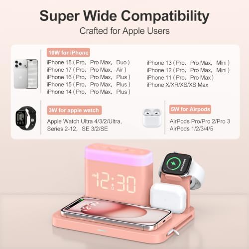 ANJANK 5 in 1 Wireless Charging Station with Alarm Clock,7 Night Light & 0-100% Dimmer,Qi Mag-Safe Charger Stand for Apple Devices - for iPhone 17 16 15 14 13 12 Pro Max Plus Air,Apple Watch,Airpods - Image 3