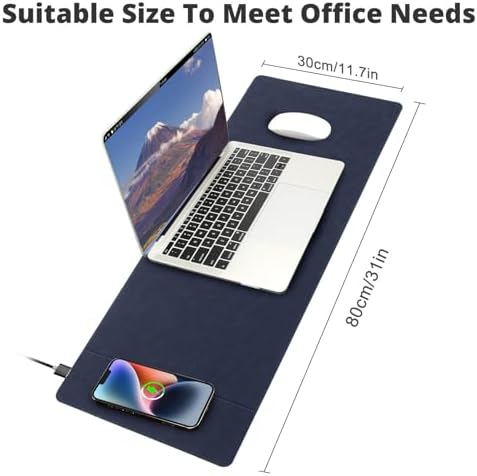 Magnetic Wireless Charging Desk Mat, 31"x11.7" Mouse Pad with Ultra-Smooth Surface, Microfiber Leather Office Mouse Mat, Waterproof Extended Computer Keyboard Desk Mat for Office & Home, Laptop, Blue - Image 4