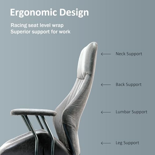 High Back Home Office Chair, Mid Century Vintage Executive Chair,Comfy Ergonomic Rolling Office Task Chair with Lumbar Support,Faux Leather Office Chair,Dark Gray - Image 3