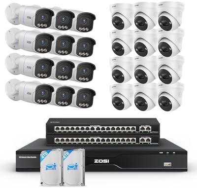 ZOSI 32CH 4K PoE Security Camera System,24 x 8MP Full Color Night Vision Outdoor PoE Cameras,Person Vehicle Detection,Spotlight Siren,2 Way Audio,32CH Surveillance NVR with 8TB HDD for 24/7 Recording by ZOSI