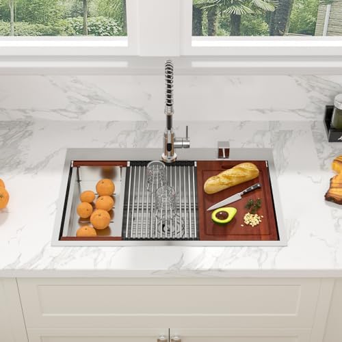 32 Kitchen Sink Drop In - Sarlai 32 x 22 Inch Stainless Steel Sink Topmount Ledge Workstation 16 Gauge Deep Single Bowl Overmount Kitchen Sinks Basin - Image 2