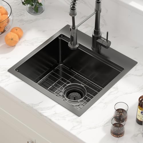 Sarlai Drop Bar Sink - 18 Inch Black Outdoor Kitchen Sink Gunmetal Black Drop In Workstation 18 x 18 Topmount Stainless Steel 16 Gauge Single Bowl Kitchen Bar Prep RV Outdoor Sinks Basin - Image 4