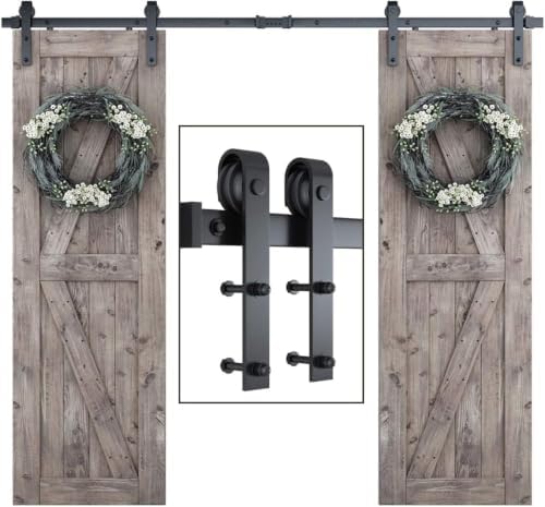 SMARTSTANDARD 8.2FT Double Barn Door Hardware Kit, Sliding Door Track-Smoothly and Quietly -Includes Detailed Installation Fit 24" Wide Door Panel(J Shape Hanger) Black by SMARTSTANDARD