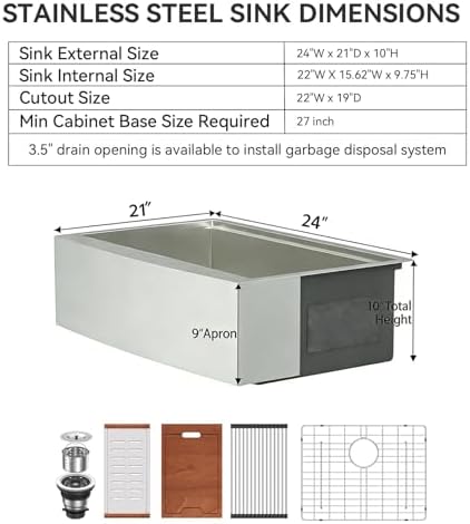 Lordear 24" Farmhouse Sink Short Apron Front Ledge Workstation 24" x 21" Farm Sink 16 Gauge Stainless Steel Single Bowl Kitchen Farm Sinks - Image 5