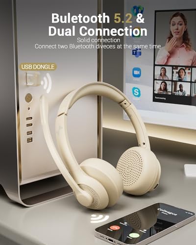 JIAMQISHI Bluetooth Wireless Headset with Mic for Work, Bluetooth 5.2, Advanced Noise Reduction Microphone, Clear Calls - Comfortable On-Ear Headphones, Applicable to PC, Laptop, Phone（Apricot） - Image 3