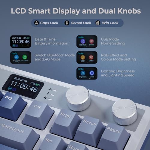 RK ROYAL KLUDGE M87 Wireless Gaming Keyboard with Screen & Dual Knobs, Blue - Image 3