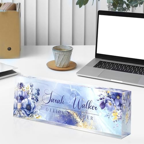 Custom Name Plate for Desk - Desk Name Plate Personalized - Acrylic Office Desk Accessories - Appreciation Gifts for Coworkers Employee Teacher Staff Boss - Office Decor for Women (Purple Flowers B) - Image 4