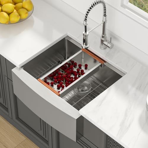 Lordear 24" Farmhouse Sink Short Apron Front Ledge Workstation 24" x 21" Farm Sink 16 Gauge Stainless Steel Single Bowl Kitchen Farm Sinks - Image 3