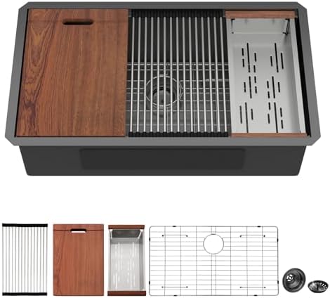 Mocoloo Black Undermount Kitchen Sink - 30x19 Kitchen Workstation Sink 16 Gauge Black Stainless Steel Single Bowl Handmade 30 Inch Undermount Ledge Workstation with Single Track by MocolooHome