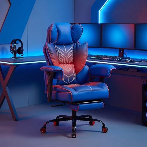 Big and Tall Gaming Office Chair 400lbs - Heavy Duty Ergonomic Computer Desk Chair with Footrest, Adjustable Armrests, High Back PU Leather with Racing Style (Blue/Red) by Unknown