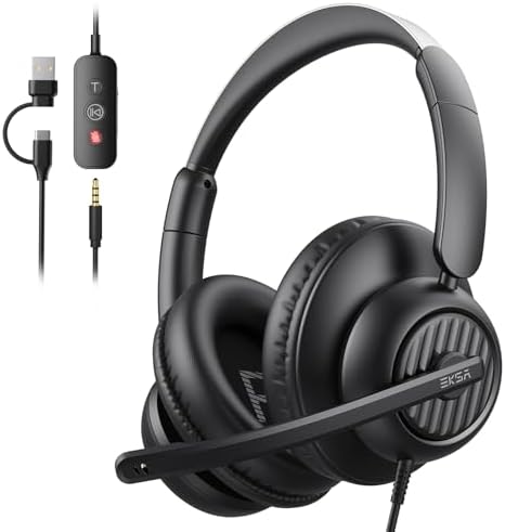 EKSA H8 USB Headset with Microphone for Work, Stereo Wired Computer Headphones with Mic Noise Cancelling, in Line Controls, 3.5mm Jack USB-C/A Over-Ear Headset for PC Laptop Office Call Center Teams by EKSA
