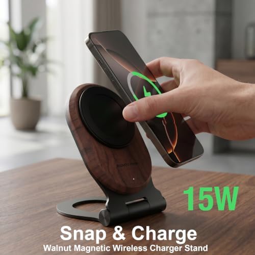 Walnut Wood Foldable Wireless Charger Stand, Magnetic 15W Fast Charging Dock with 0-85° Adjustable Angle, Compatible with MagSafe for iPhone 18/17/16/15/14/13/12 Series, Desk & Nightstand Decor - Image 2