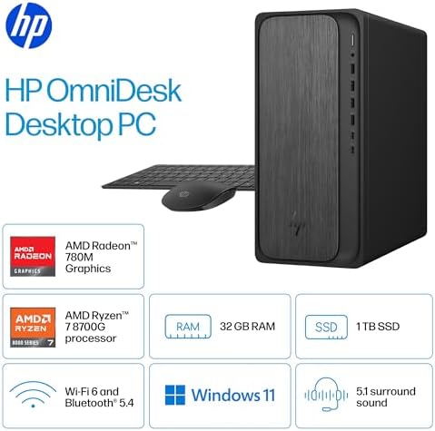 HP OmniDesk Desktop Computer Tower PC, AMD Ryzen 7 + 16 NPU Tops AMD Radeon 780M, PC Tower Computer Desktop for Business, Gaming&Home Office, 32GB DDR5 2TB SSD, Windows 11 Pro, RJ-45 - Image 2