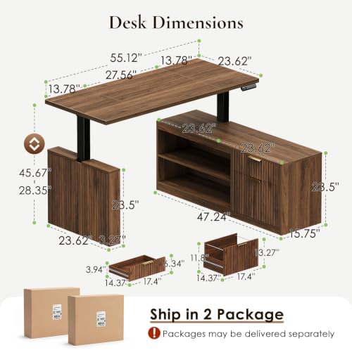 OffiGo Fluted 55 Inch L Shaped Electric Standing Desk with Storage, Walnut - Image 2