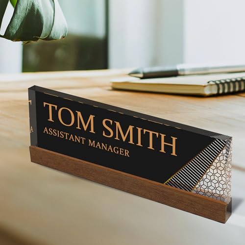 Artblox Personalized Office Desk Name Plate and Business Card Holder | Clear Acrylic Glass with Teak Wood Stand | Abstract Shapes Design Customized with Your Name and Credentials Office Desk Décor - Image 2
