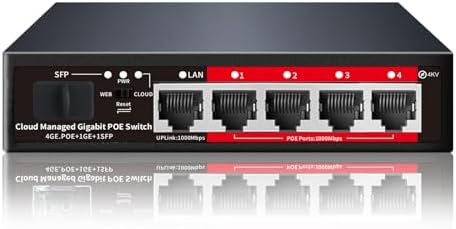 Poe Switch, 5 Port Gigabit PoE+ Switch, Easy Managed Gigabit Ethernet Switch, 4 Poe Ports @52W, 1 Uplink Ports, 1 SFP Slot, APP Smart Managed, Overload Protection w/ Port by STEAMEMO