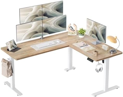 TIQLAB L Shaped Standing Desk Adjustable Height, Reversible Electric Corner Standing Desk, 63 x 55 inch Sit Stand Computer Table with Splice Board, Maple by TIQLAB