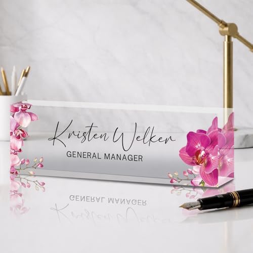 Personalized Name Plate for Desk Custom Desk Name Plate Acrylic Office Desk Accessories Decor for Women Teacher Nurse Boss Employee Appreciation Gifts for Mother Orchids Name Plates by Feraurae